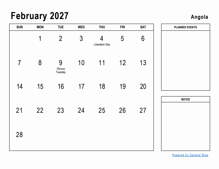 February 2027 Printable Monthly Calendar with Angola Holidays