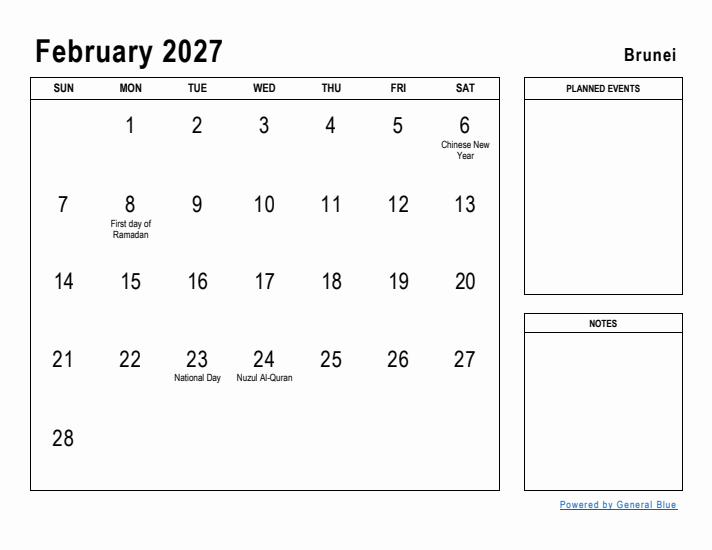 February 2027 Printable Monthly Calendar with Brunei Holidays