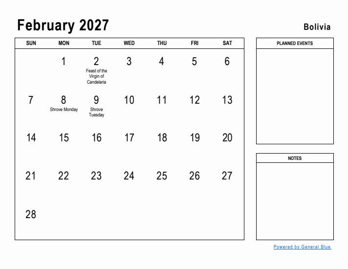 February 2027 Printable Monthly Calendar with Bolivia Holidays