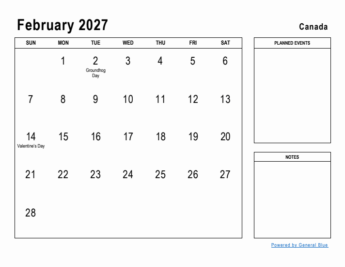 February 2027 Printable Monthly Calendar with Canada Holidays