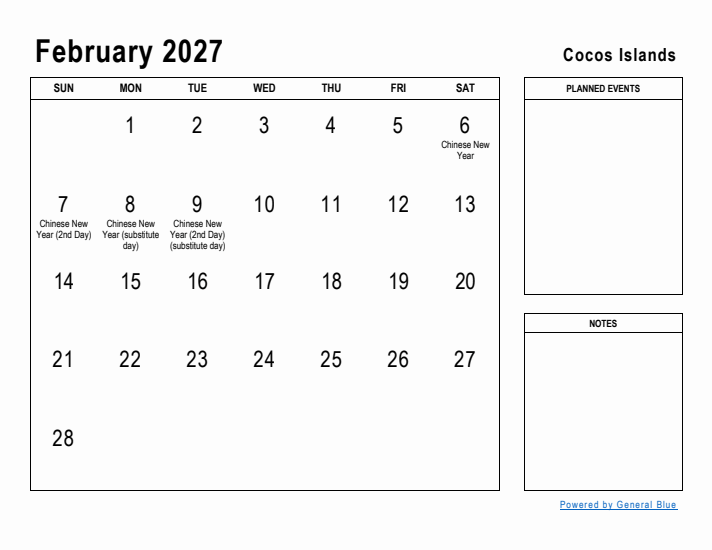 February 2027 Printable Monthly Calendar with Cocos Islands Holidays