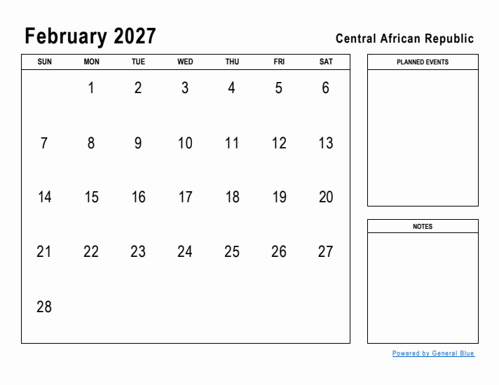 February 2027 Printable Monthly Calendar with Central African Republic Holidays