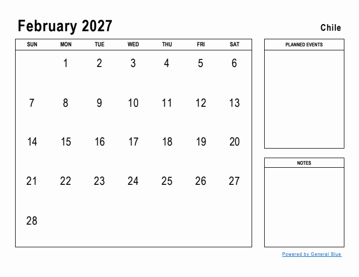 February 2027 Printable Monthly Calendar with Chile Holidays