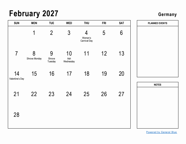 February 2027 Printable Monthly Calendar with Germany Holidays