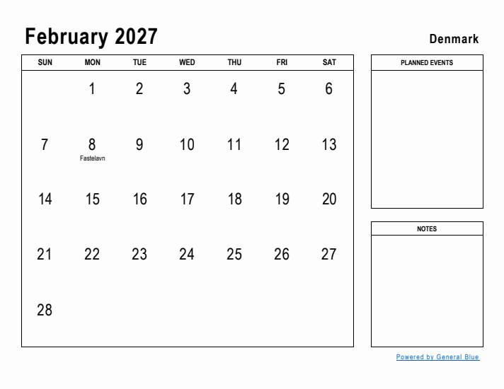 February 2027 Printable Monthly Calendar with Denmark Holidays