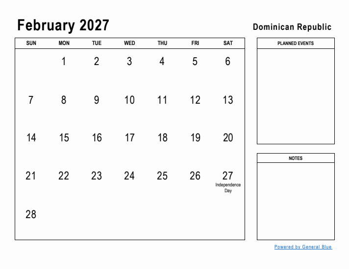 February 2027 Printable Monthly Calendar with Dominican Republic Holidays