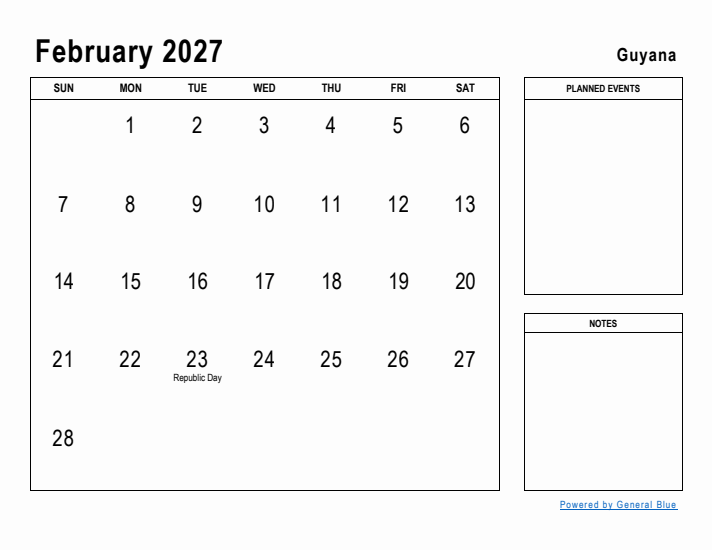 February 2027 Printable Monthly Calendar with Guyana Holidays