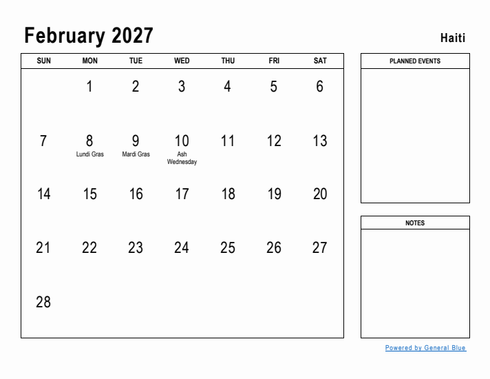 February 2027 Printable Monthly Calendar with Haiti Holidays