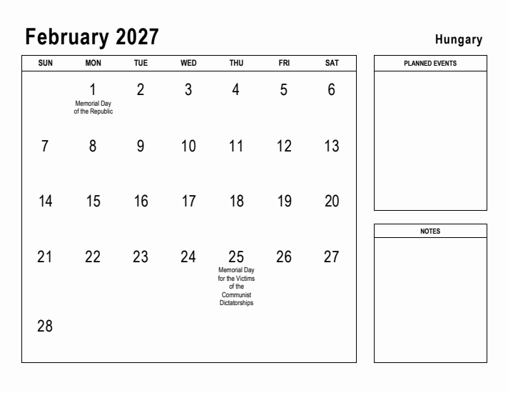 February 2027 Printable Monthly Calendar with Hungary Holidays