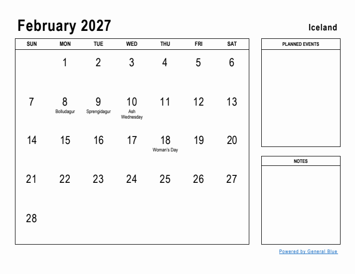 February 2027 Printable Monthly Calendar with Iceland Holidays