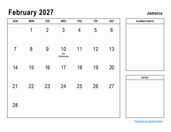 February 2027 Printable Monthly Calendar with Jamaica Holidays