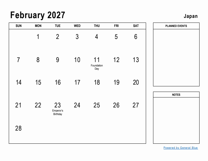 February 2027 Printable Monthly Calendar with Japan Holidays