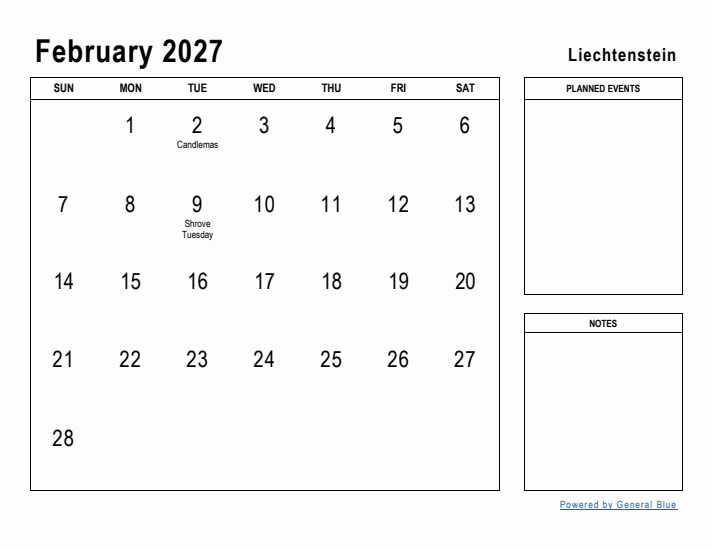 February 2027 Printable Monthly Calendar with Liechtenstein Holidays