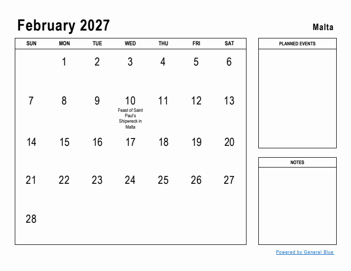 February 2027 Printable Monthly Calendar with Malta Holidays