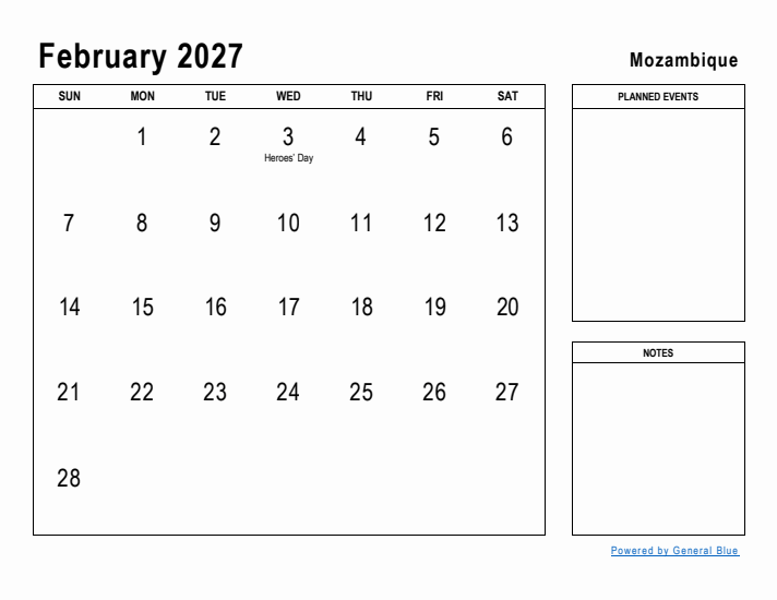 February 2027 Printable Monthly Calendar with Mozambique Holidays