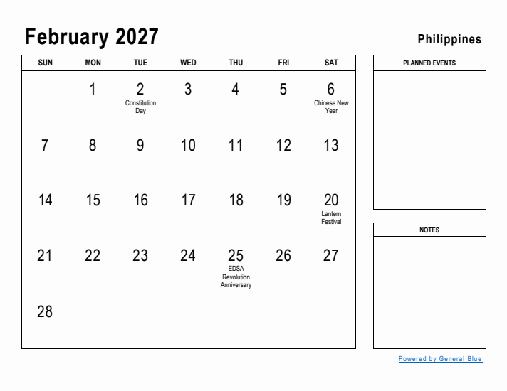 February 2027 Printable Monthly Calendar with Philippines Holidays