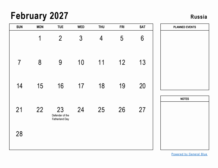 February 2027 Printable Monthly Calendar with Russia Holidays