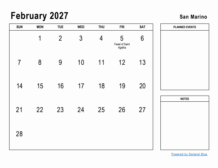 February 2027 Printable Monthly Calendar with San Marino Holidays