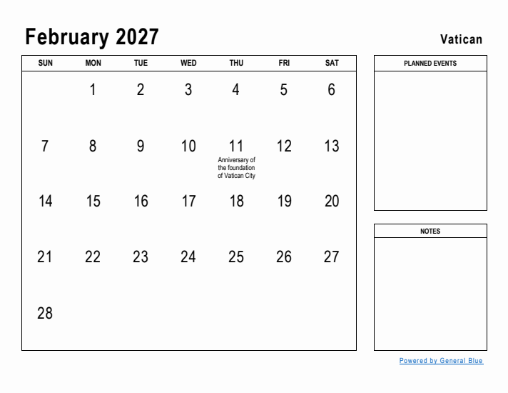 February 2027 Printable Monthly Calendar with Vatican Holidays