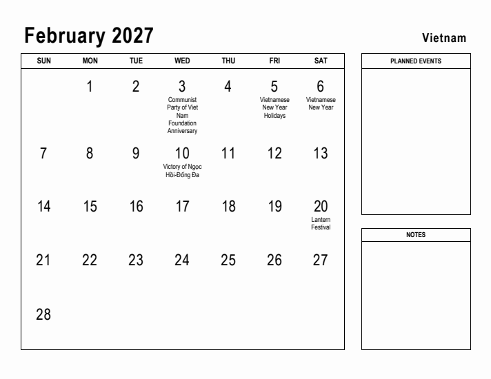 February 2027 Printable Monthly Calendar with Vietnam Holidays