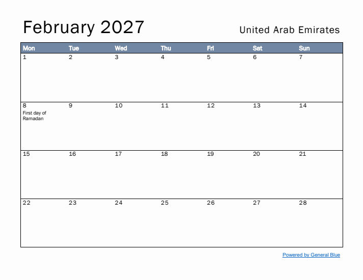 February 2027 Simple Monthly Calendar for United Arab Emirates