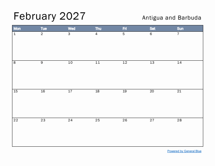 February 2027 Simple Monthly Calendar for Antigua and Barbuda