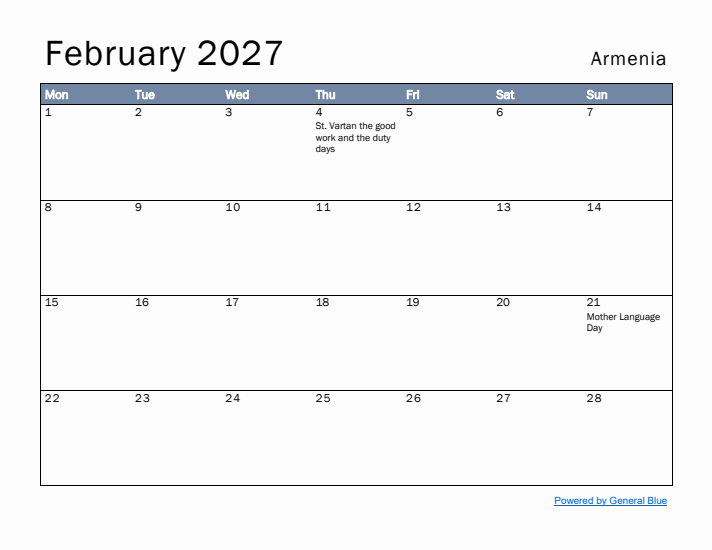 February 2027 Simple Monthly Calendar for Armenia