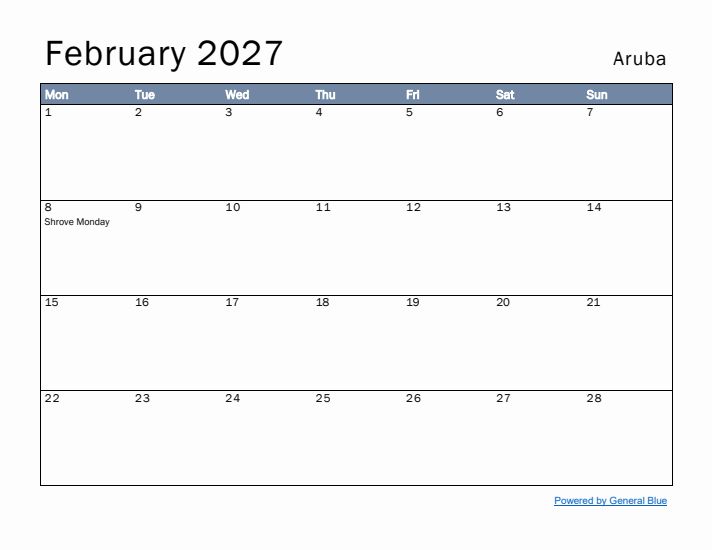 February 2027 Simple Monthly Calendar for Aruba