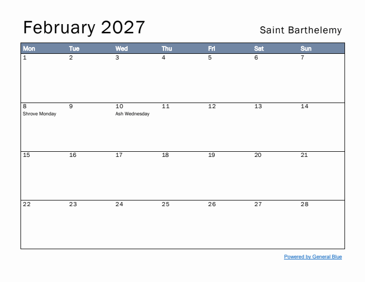 February 2027 Simple Monthly Calendar for Saint Barthelemy