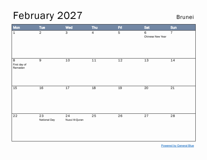 February 2027 Simple Monthly Calendar for Brunei