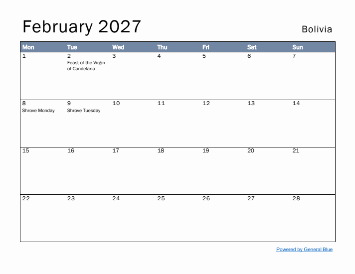 February 2027 Simple Monthly Calendar for Bolivia