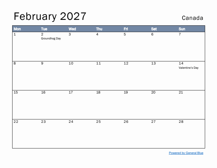 February 2027 Simple Monthly Calendar for Canada