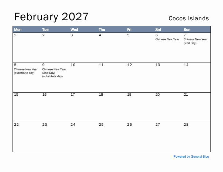 February 2027 Simple Monthly Calendar for Cocos Islands