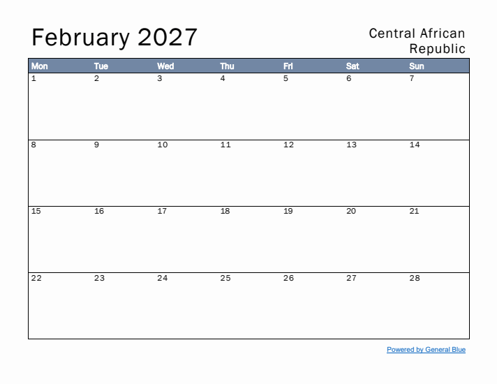 February 2027 Simple Monthly Calendar for Central African Republic