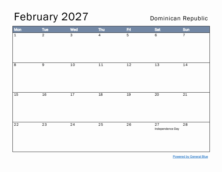 February 2027 Simple Monthly Calendar for Dominican Republic