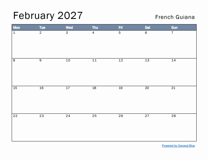 February 2027 Simple Monthly Calendar for French Guiana