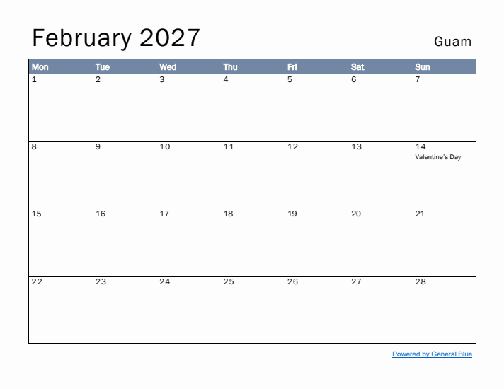 February 2027 Simple Monthly Calendar for Guam