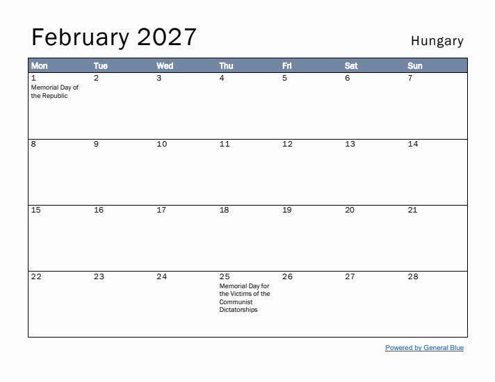 February 2027 Simple Monthly Calendar for Hungary