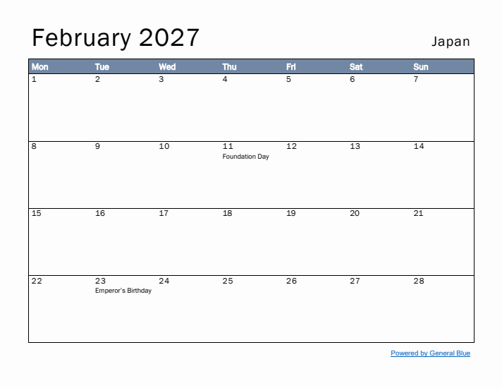 February 2027 Simple Monthly Calendar for Japan