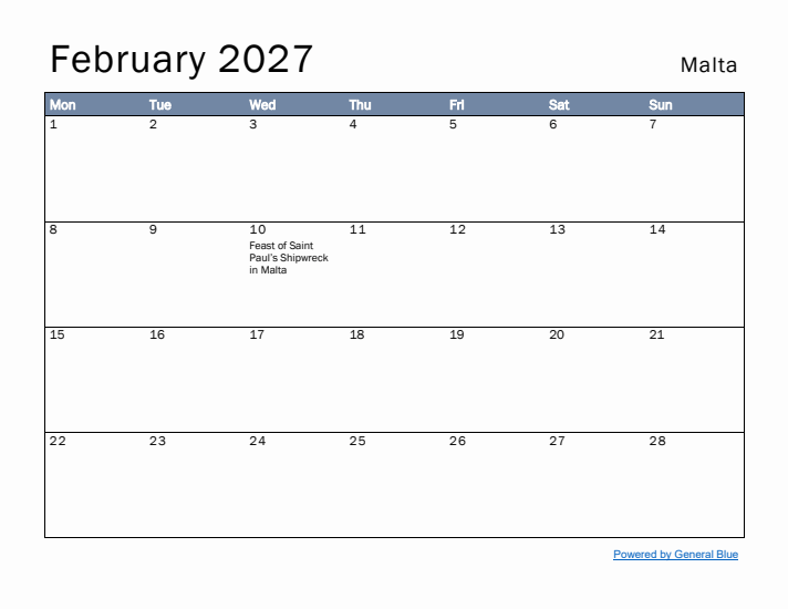 February 2027 Simple Monthly Calendar for Malta