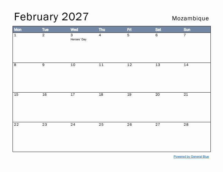 February 2027 Simple Monthly Calendar for Mozambique