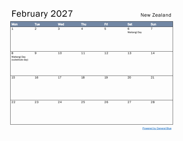 February 2027 Simple Monthly Calendar for New Zealand