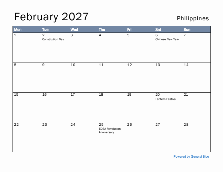 February 2027 Simple Monthly Calendar for Philippines