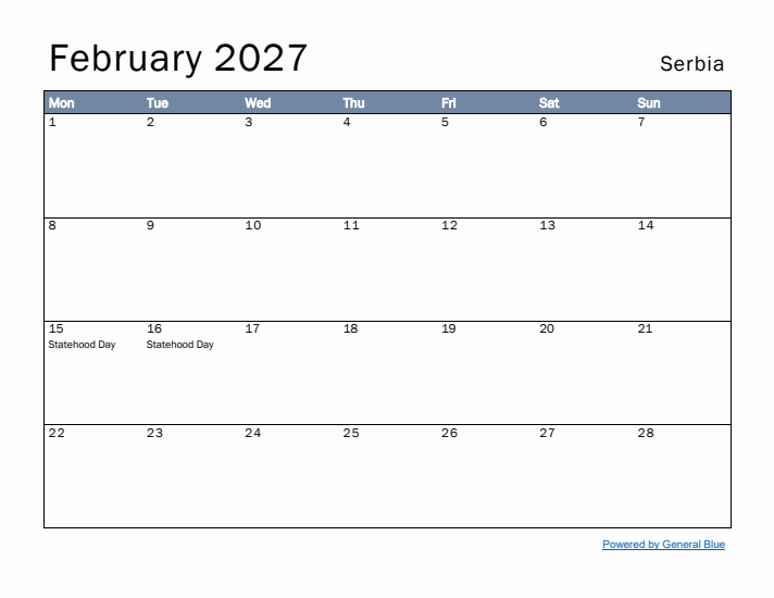 February 2027 Simple Monthly Calendar for Serbia