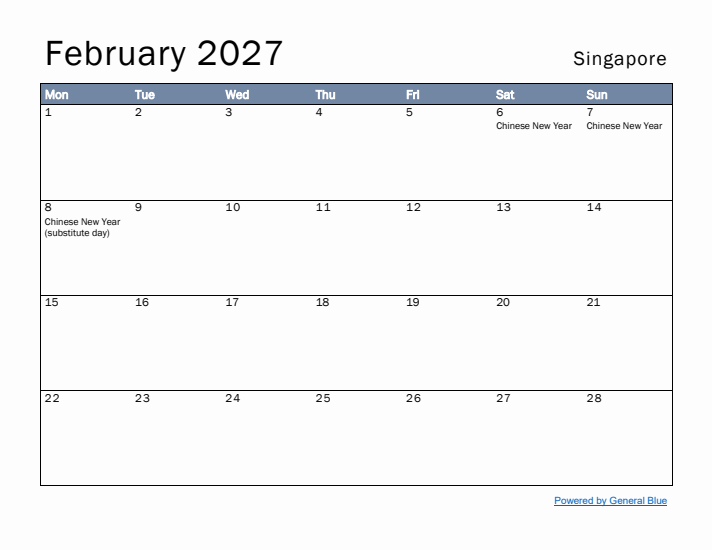 February 2027 Simple Monthly Calendar for Singapore