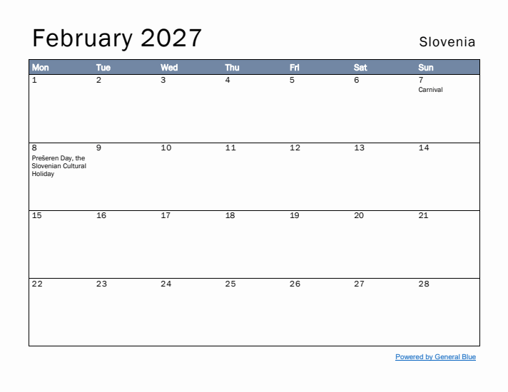 February 2027 Simple Monthly Calendar for Slovenia