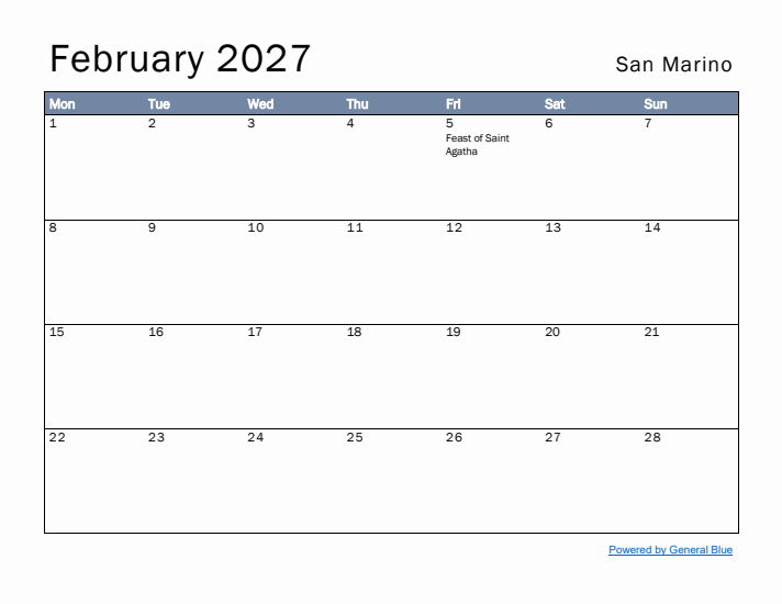 February 2027 Simple Monthly Calendar for San Marino