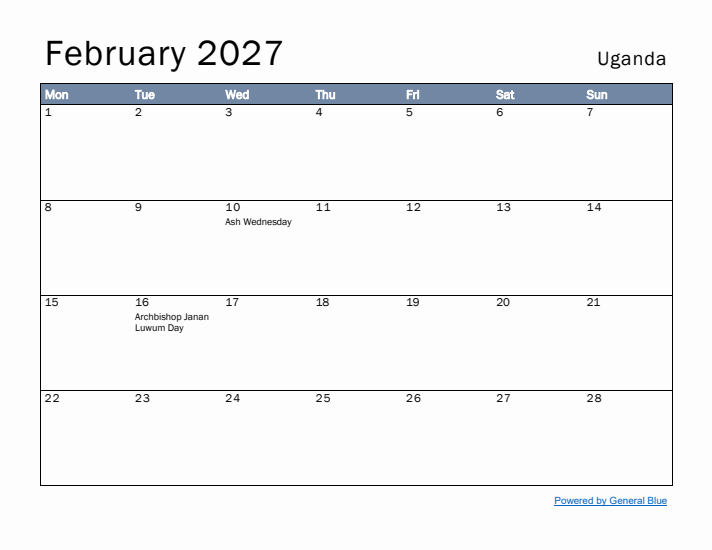 February 2027 Simple Monthly Calendar for Uganda