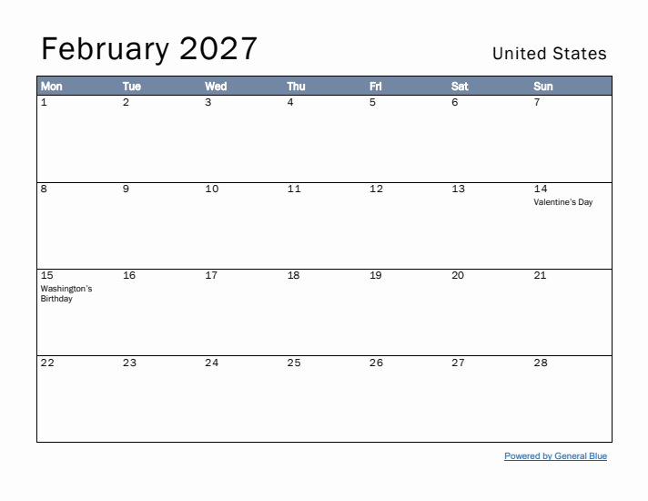 February 2027 Simple Monthly Calendar for United States