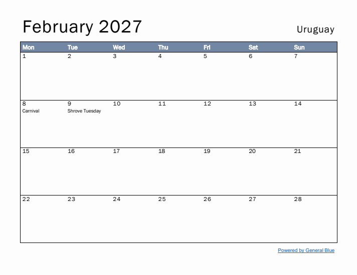 February 2027 Simple Monthly Calendar for Uruguay